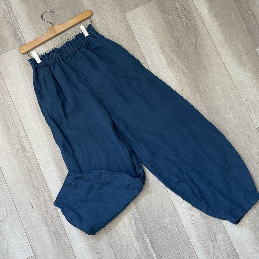 Linen Crop Pants barrel pull on womens Blue (small) minimalist natural casual